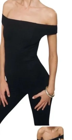 Reformation Ryder Off Shoulder Fitted Stirrup Jumpsuit Black L thumbnail 1