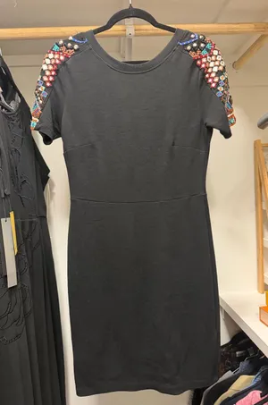 Zara Black Short Sleeve Dress with Multicolor Bead Embellished Shoulders thumbnail 1