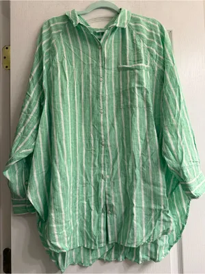 Aerie Green White Striped Linen Blend Coverup Button-Up Shirt - size L thumbnail 1