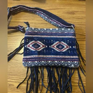 Raj Vegan Leather Navy Fringe Purse Crossbody Boho Western Woven Embroidered Bag thumbnail 3
