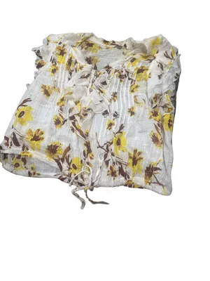 Free People White Floral Ruffle V-Neck Top with Yellow and Brown Print thumbnail 8