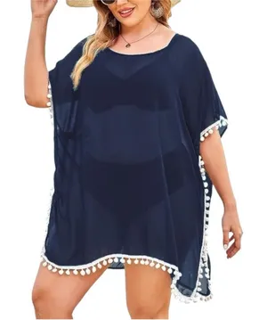 Adreamly Navy Blue White Pom-Pom Beach Resort Vacation Swim Coverup One Size Os thumbnail 1