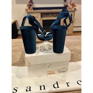 NEW Sandro Adrianne Velvet Block Heels In Turquoise size 36 thumbnail 4