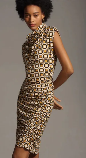 NWT Anthropologie Geometric The Maya Ruched Cowl-Neck Dress Printed Mini 2X thumbnail 1