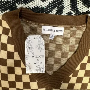Willow and Wind checkered sweater brown and tan short sleeve v neck thumbnail 6