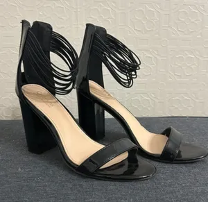 Catherines Black Patent Block Heel Sandals with Ankle Wrap thumbnail 1