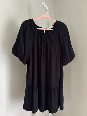 LOFT Smocked Pleated Flounce Dress Black Short Puff Sleeve Babydoll Dress Sz XL thumbnail 4