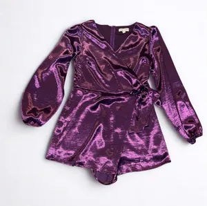 She + Sky Plum Purple Metallic Wrap Romper Long Sleeve Tie Waist Size L NWOT thumbnail 1