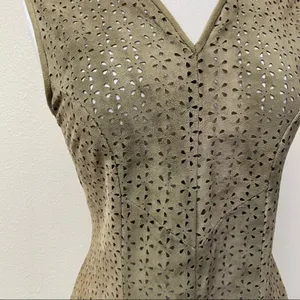 Olive Green Laser Cut Faux Suede Fit & Flare Dress Small thumbnail 4
