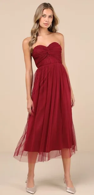 NWT Lulus Perfect Whimsy Burgundy Mesh Strapless Midi Dress Gala Banquet Size L thumbnail 1