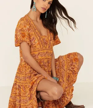 PATRONS OF PEACE Anthro Toluca Border Orange Yellow Paisley Tiered Dress Tunic M thumbnail 1