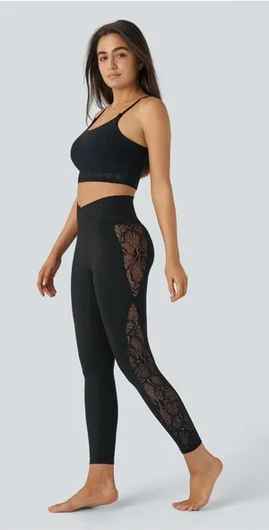 Halara 05HBB.- SoftlyZero™High Waisted Crossover Contrast Lace Pocket Yoga Leggings. XS thumbnail 1