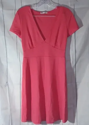 Zara Pink deep v-neck Short-Sleeve Coquette Feminine fit and flare dress thumbnail 1