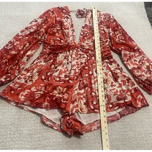Free People Red Cream Floral V-Neck Long Balloon Sleeve Romper S Rayon thumbnail 10