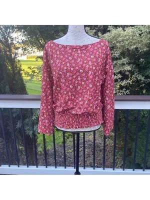 Ann TAYLOR FLORAL BELL SLEEVE SMOCKED WAIST TOP IN RIPE PERSIMMON SZ L thumbnail 2