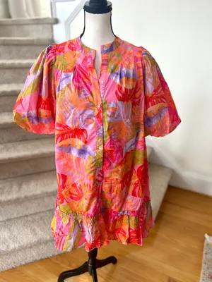 J.Marie Pink Tropical Palm Leaf Puff Sleeve Tiered Ruffle Hem Shirt Dress Preppy thumbnail 1