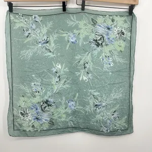 Silk Scarf Square Floral Silk Sheer Teal Blue Delicate Head Waist Tie Elegant thumbnail 1