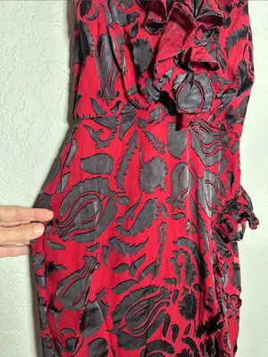 SALONI Anita Silk Burnout Velvet Dress Slit Ruffle Midi Vampire Goth Witchy Red thumbnail 4