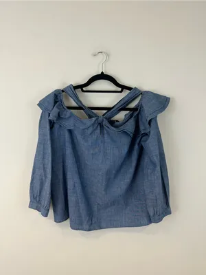 J. Crew Chambray Ruffle Off-Shoulder Top Blue Halter Neck Size 12 Women's thumbnail 2