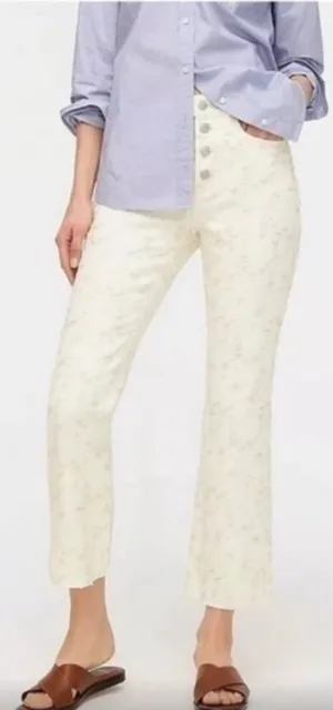 J.Crew‎ Billie Demi Boot Crop Jeans 28 White Embroidered Floral Raw Hem Cotton thumbnail 1