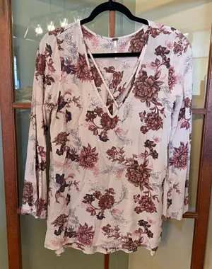 Free People Rose Floral Crisscross Neckline Long-sleeve Tunic Blouse Boho Medium thumbnail 1