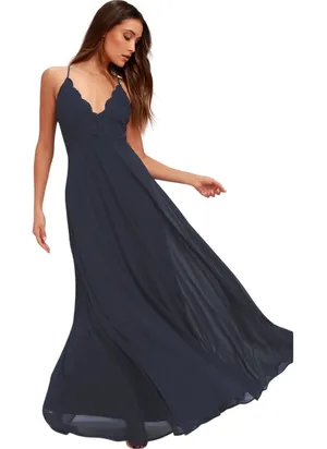 NWT LULU’s Women’s Navy Blue Chiffon Lace Maxi Full Length Dress Gown thumbnail 1