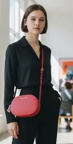 NWT Michael Kors Jet Set Travel Oval Crossbody Bag Red Zip Gold Hardware Strap thumbnail 1