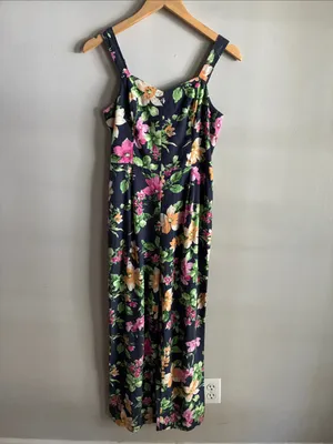 Old Navy Floral Linen Blend Jumpsuit Small Navy Wide Leg Smocked Back thumbnail 3