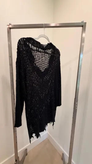Davi & Dani Black Solid Open Knit Fringe Hem V-Neck Pullover Sweater Dress S thumbnail 2