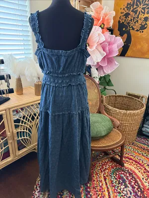 Gap x DOEN Blue Eyelet Lace Denim Boho Hippie Femme Cottage Midi Maxi Dress thumbnail 2