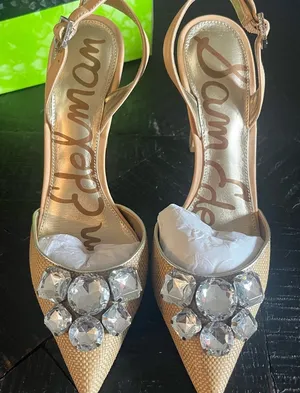 Sam Edelman straw textured jeweled slingback heels Size 8.5M NIB thumbnail 1