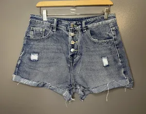 Denim Shorts Womens Large Blue Distressed Button Fly High Rise Cutoff Frayed Hem thumbnail 1