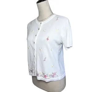 Vintage White Floral Embroidered Short Sleeve Cardigan Sweater Cottagecore Small thumbnail 7