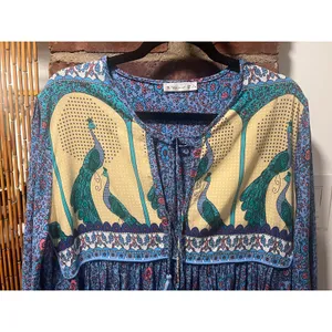 R. Vivimos Blue Peacock Floral Boho Tassel Midi Peasant Dress XL thumbnail 4