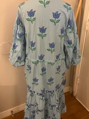 Printfresh Tulip Bloom Coconut Cafe Dress 3/4 Puff Sleeve Midi Size L thumbnail 2