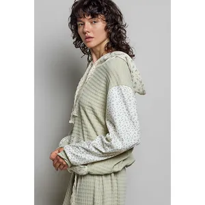 POL Mixed Knit Contrast Print Sleeve Hoodie with Kangaroo Pocket - Sage - Medium thumbnail 2