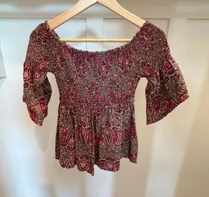 Hollister Red Paisley Smocked Off-The-Shoulder Flutter Sleeve Top thumbnail 1