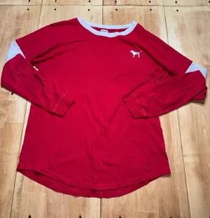 PINK Victoria's Secret Red Long Sleeve‎ Graphic T Shirt Rhinestone Dog Logo M thumbnail 1