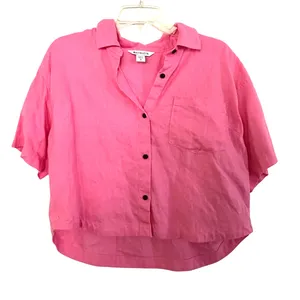Athleta Retreat Linen Short Sleeve Shirt in vibrant pink size Small MSRP $89 thumbnail 3