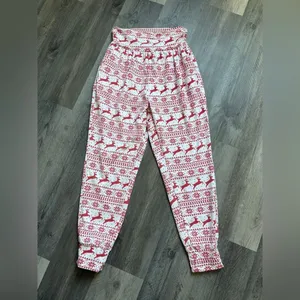 High Waisted Reindeer Christmas Pants Elastic Waist Pockets Red White thumbnail 2