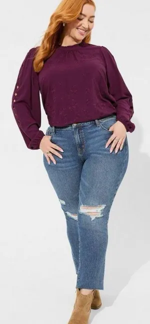 TORRID Challis Embroidered Cut Out Long Sleeve Blouse thumbnail 1