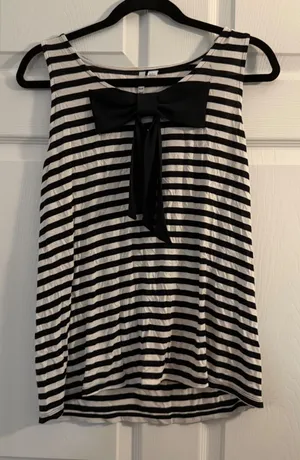 ELLE Striped Tank Top Black White Large Bow Front Nautical Parisian Casual‎ thumbnail 1