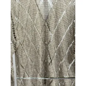 Womens Crochet Knit Cardigan Long Duster Metallic Beige Fringe Boho Cover Up L thumbnail 8