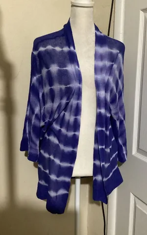Chico's Purple Tie Dye 100% Linen Open Front Cardigan Sweater Size 1 M thumbnail 1