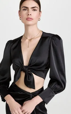 New black satin tie front top thumbnail 1