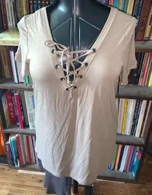 Lulu’s tan lace up front knit short sleeve Bikercore shirt thumbnail 1