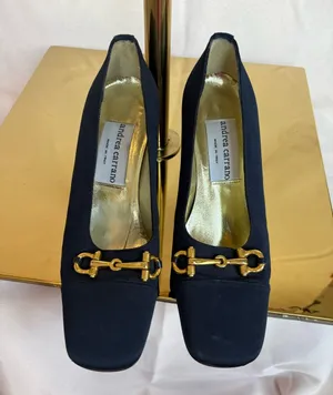 Andrea Carrano Navy Square-Toe Pumps with Gold Horsebit thumbnail 1