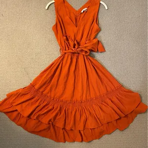 Burnt Orange Calvin Klein Dress v-neck sleeveless fit and flare ruffle thumbnail 6
