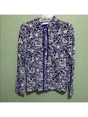 Vintage Liz Claiborne Navy White Floral Boho Hoodie jacket lightweight cruise thumbnail 2