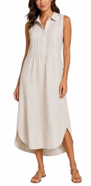 Malvin Beige Linen Midi Dress Women’s Size S Sleeveless Collared Neutral Coastal thumbnail 1